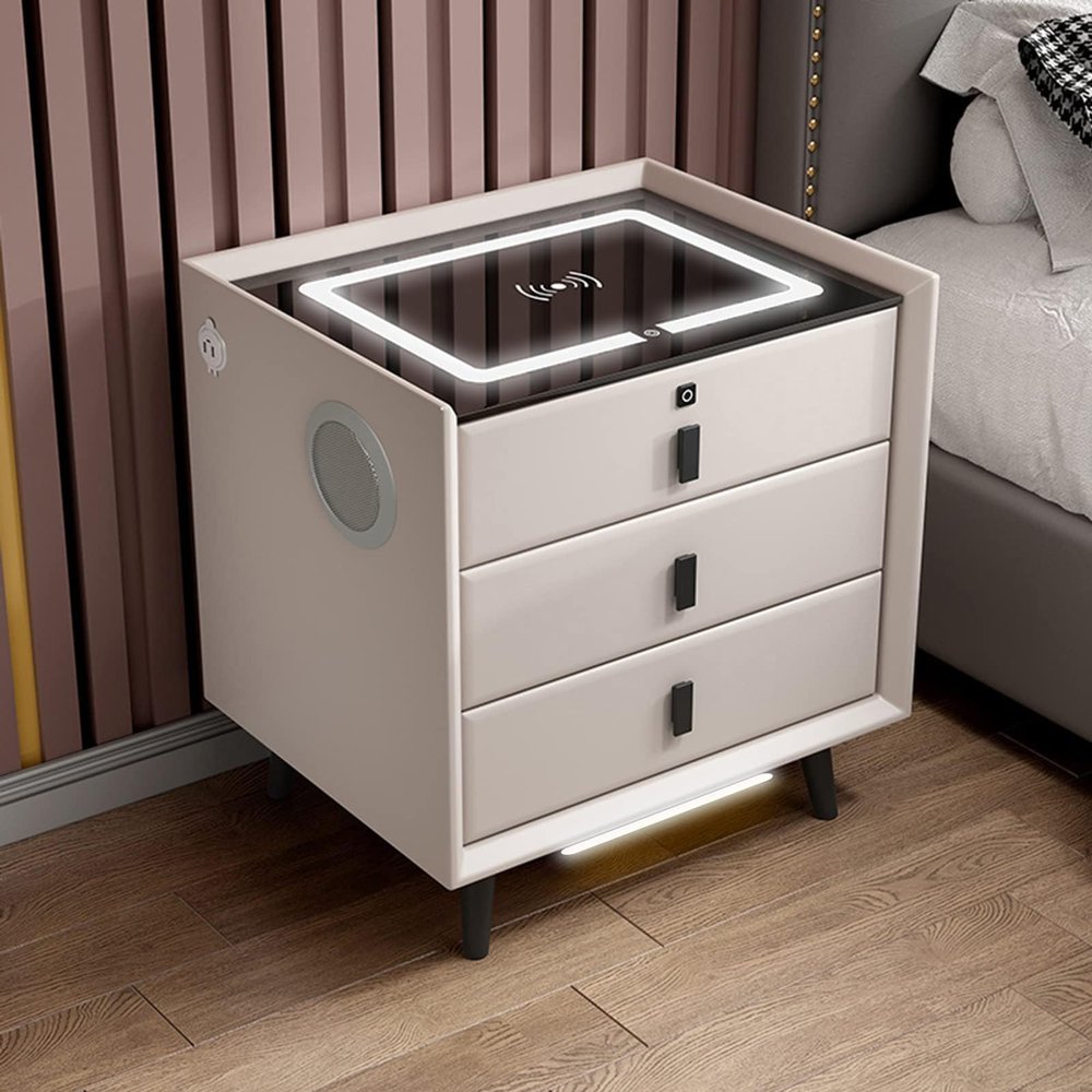 FZYUAN Nightstand with Wireless Charging Station, 2/3 Drawers Bedroom Side Table with Fingerprint Lock and Speaker, 2 USB Ports, LED Nightstand with Sensor Light, End Table for Living Room,White,3 dra