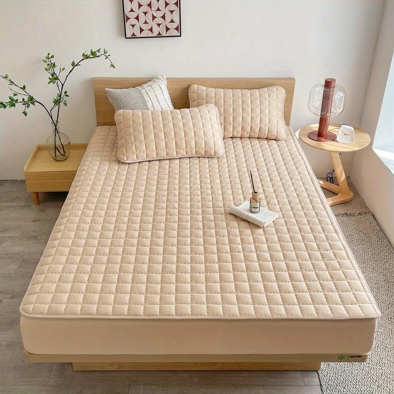 1pc Quilted Waterproof Mattrrotess Pector Soft Comfortable Solid Color Bedding Mattress Cover for Bedroom, Guest Room with Deep Pocket, Fitted Bed Sheet Only(Khaki, 78.74 * 86.61 * 11.81 inch)