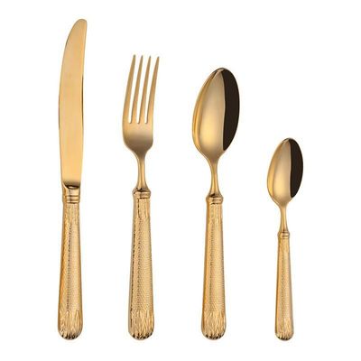 IFAJOOR Flatware Silverware Set, 4/16/24 Piece Gold 304 Stainless Steel Tableware Wheat Ear Vintage Embossed Handle Steak Knife Hotel Spoon And Fork, Cutlery Set (Color : Gold, Size : 4Set-16Pcs)