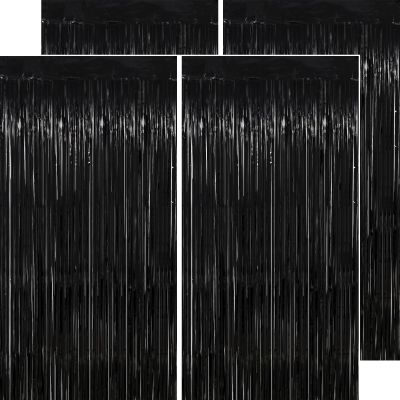 Thicken Black Streamers 4 Pack 3.2 x 8.2 FT, Black Tinsel Backdrop Curtains, Foil Fringe Photo Backdrop for New Years, Halloween, Retirement, Bachelor Party Decorations, Birthday Decorations for Men