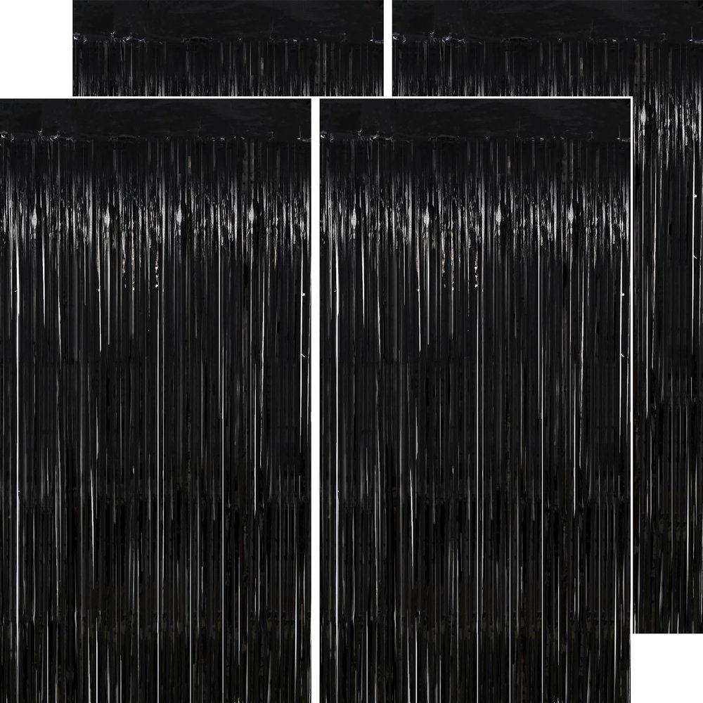Thicken Black Streamers 4 Pack 3.2 x 8.2 FT, Black Tinsel Backdrop Curtains, Foil Fringe Photo Backdrop for New Years, Halloween, Retirement, Bachelor Party Decorations, Birthday Decorations for Men