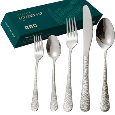 GOODJAYVEN Silverware Flatware Set, 20 Piece Patterned Stainless Steel Cutlery Steak Knife, Fork And Spoon Set (Color : Silver, Size : 20Pcs)