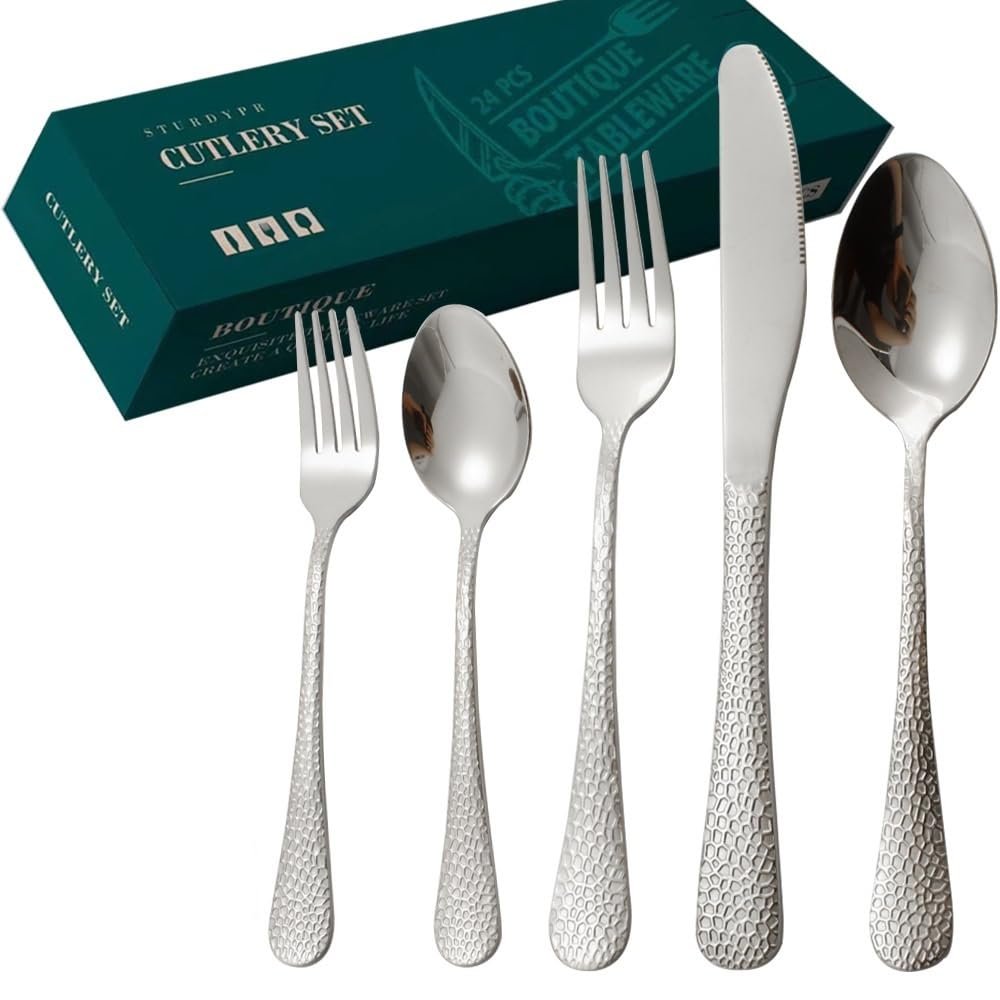 GOODJAYVEN Silverware Flatware Set, 20 Piece Patterned Stainless Steel Cutlery Steak Knife, Fork And Spoon Set (Color : Silver, Size : 20Pcs)