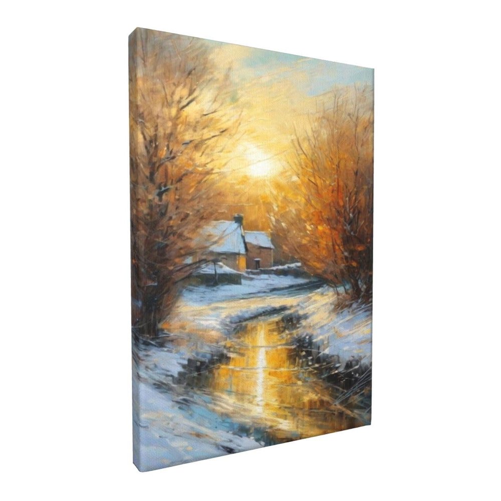 Abstract art sun village snow scene canvas poster wall art decoration for bedroom, living room, dining room, office, parlor, home decor.(Framed16*24in)