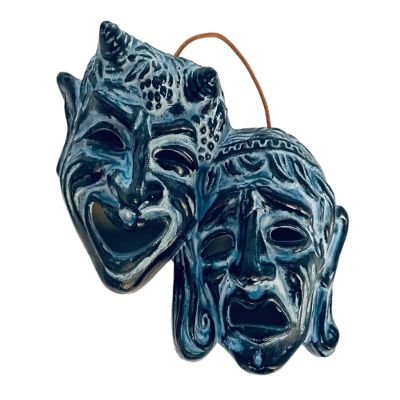 Greek Theater Masks,Tragedy and Comedy,Relief Terracotta, Blue Patina Wall Decor 18x14cm