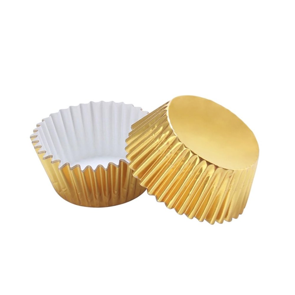 COLLBATH 100pcs Thick Aluminum Foil Cupcake Liners Greaseproof Mini Cake Muffin Molds for Parties Weddings and Celebrations Elegant Light Gold