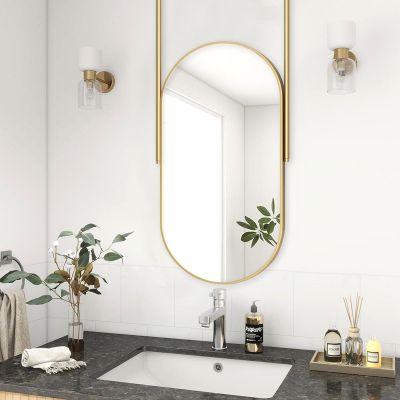 Metal Frame Wall Hanging Mirror, Ceiling Mounted Mirror Bathroom Makeup Mirror Oval Vanity Mirror for Bedroom Living Room Entryway, Gold Decorative Glass Mirrors (Size : 40cmx60cm)