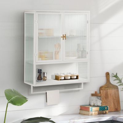 Fulvari Wall-Mounted Double Glass Door Cabinet,Bathroom Storage Cabinet with Detachable Shelves, Versatile Kitchen Pantry Sideboard for Kitchen Laundry Office and Dining Room White Style 3