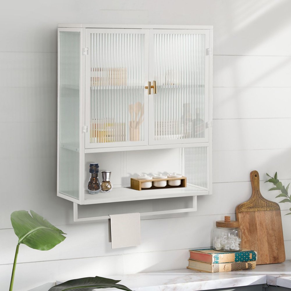 Fulvari Wall-Mounted Double Glass Door Cabinet,Bathroom Storage Cabinet with Detachable Shelves, Versatile Kitchen Pantry Sideboard for Kitchen Laundry Office and Dining Room White Style 3