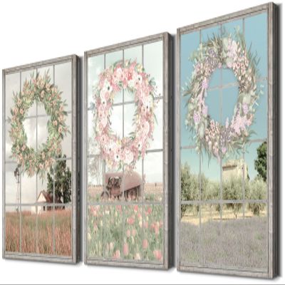 3 Pieces Modern Farmhouse Decor Rustic Country Home Decor Landscape Artwork Vintage Floral Wall Art Rural Wall Art Rustic Wall Decor with Flower Wreath for Living Room Decor (16''Wx24''Hx3PCS)