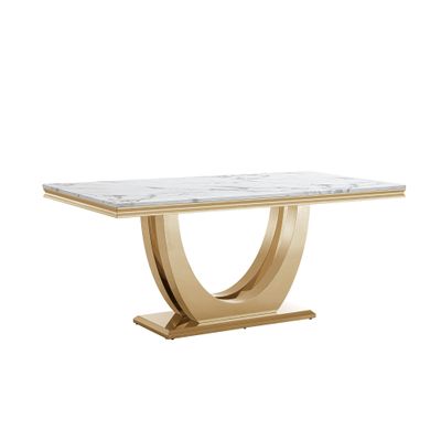 70" White Marble Dining Table, Mid Century Modern Dining Table for 6-8 Person, Rectangle Marble Top Dining Table with Gold Double U Shape Stainless Steel Pedestal Dining Table for Dining Room Kitchen