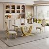 70" White Marble Dining Table, Mid Century Modern Dining Table for 6-8 Person, Rectangle Marble Top Dining Table with Gold Double U Shape Stainless Steel Pedestal Dining Table for Dining Room Kitchen view 2
