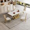 70" White Marble Dining Table, Mid Century Modern Dining Table for 6-8 Person, Rectangle Marble Top Dining Table with Gold Double U Shape Stainless Steel Pedestal Dining Table for Dining Room Kitchen view 3