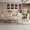 70" White Marble Dining Table, Mid Century Modern Dining Table for 6-8 Person, Rectangle Marble Top Dining Table with Gold Double U Shape Stainless Steel Pedestal Dining Table for Dining Room Kitchen view 4