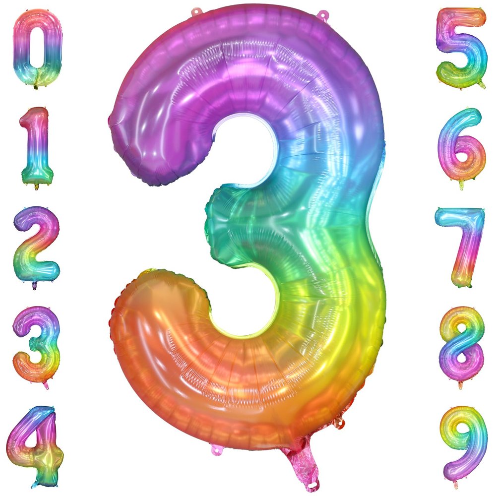 PatiCool 40 Inch Rainbow Number Balloon 3, Large Number Foil Balloons Mylar for Girl Boy Birthday Party Celebration Decorations Supplies, Digital Balloons for Wedding Anniversary Events Decorations