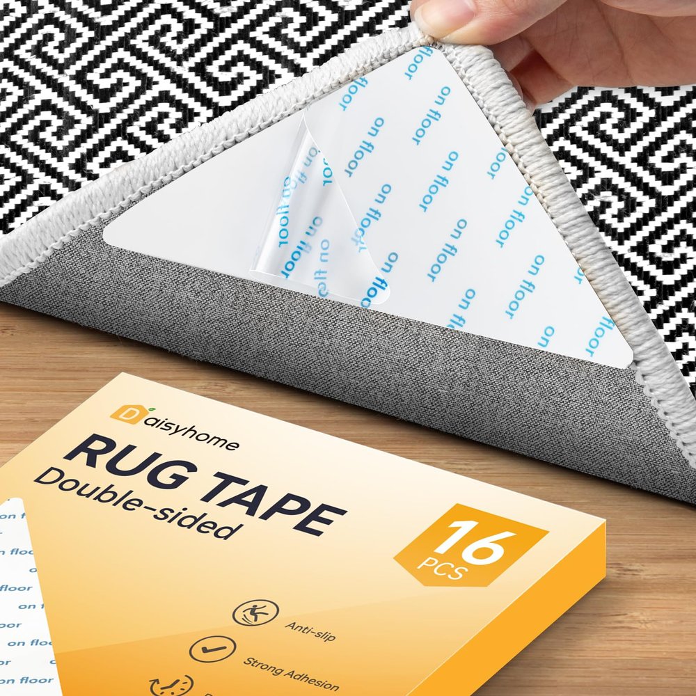 Daisyhome 16 PCS Rug Tape, Rug Pad Gripper for Hardwood Floors, Double Sided Adhesive Carpet Tape, Reusable Anti Slip Rug Grips for Area Rugs to Keep Rug Corners Flat