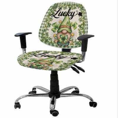 St. Patrick's Day Office Chair Cover Stretchable Computer Chair Seat Cover Backrest Slipcovers, Stretchable Rotating Desk Chair Seat Cushion Split Protectors Green Retro Black Plaid Gnomes Daisy