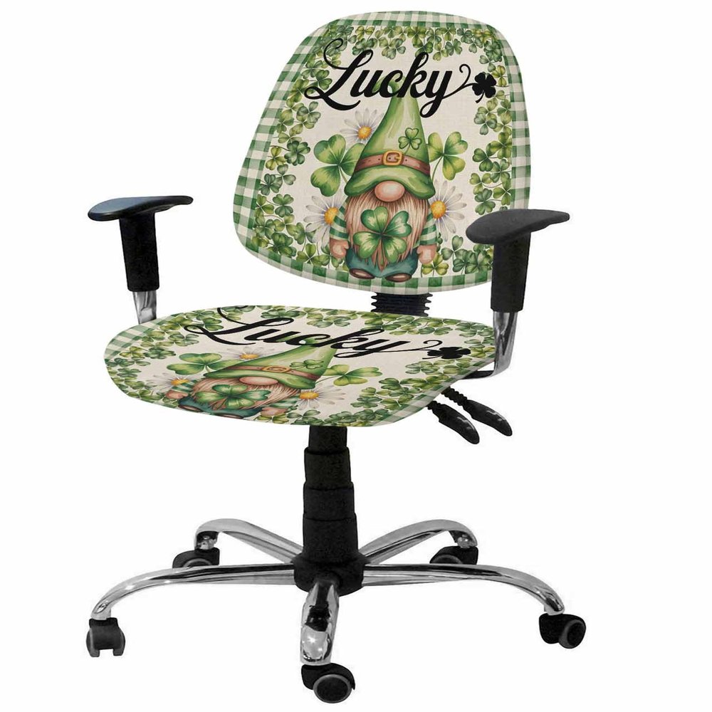 St. Patrick's Day Office Chair Cover Stretchable Computer Chair Seat Cover Backrest Slipcovers, Stretchable Rotating Desk Chair Seat Cushion Split Protectors Green Retro Black Plaid Gnomes Daisy