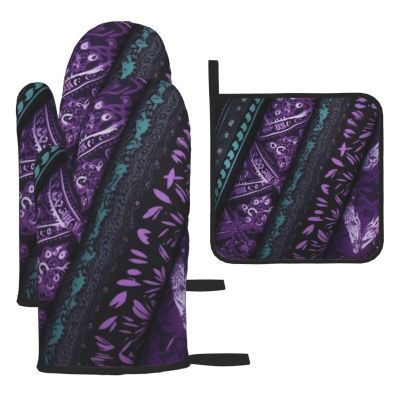 KHiry Oven Mitts and Pot Holder Set of 3 Mixed Purple and Black Print Oven Gloves with Lanyard Oven Mitt for Kitchen Heat-Resistant Hot Pads BBQ Gloves for Cooking Baking
