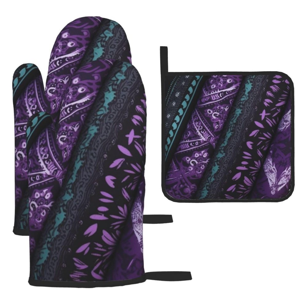 KHiry Oven Mitts and Pot Holder Set of 3 Mixed Purple and Black Print Oven Gloves with Lanyard Oven Mitt for Kitchen Heat-Resistant Hot Pads BBQ Gloves for Cooking Baking
