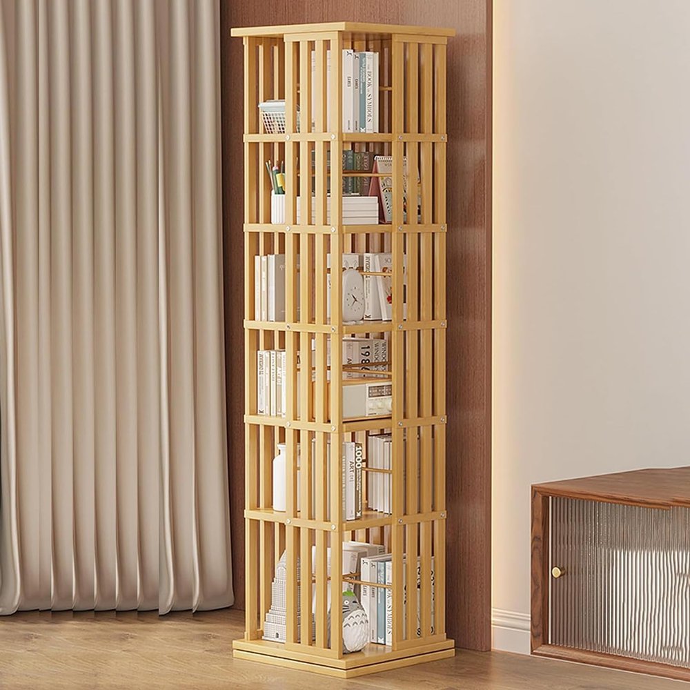 6-Tier Rotating Bookshelf, 360 Display Floor Standing Bookcase Storage Rack, Corner Bookshelf for Small Space, Open Design Shelving for Living Room Study Room Office,Light Wood