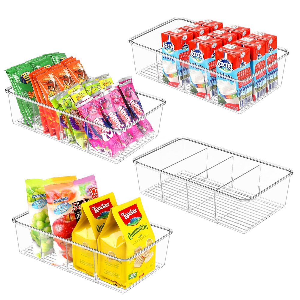 ZIZOTI Snack Organizer for Pantry Shelf, 4 Pack Clear Plastic Pantry Storage Bins with 3 Dividers for Snacks, Spices, Chips Food Organizer, Stackable Pantry Organizers for Kitchen, Fridge, Cabinet