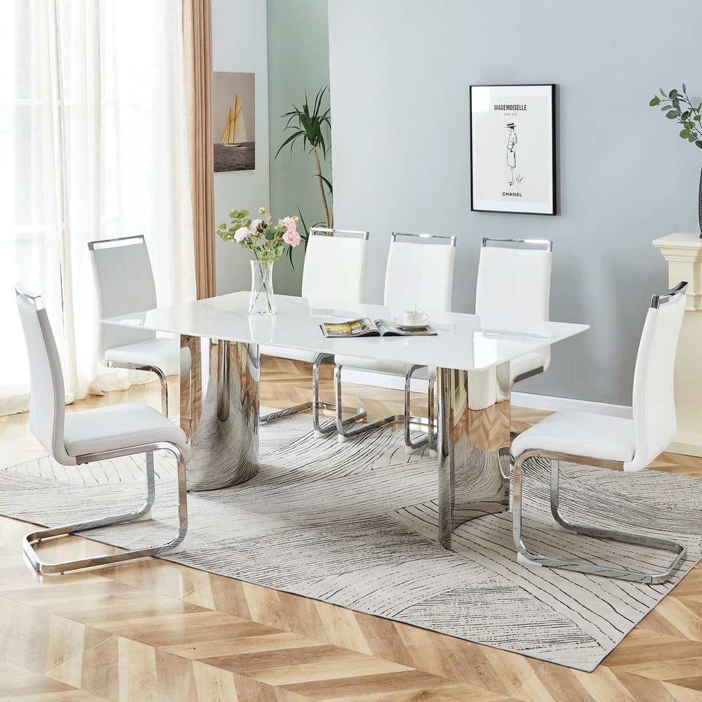 Ebullient 71" Modern Dining Table Set for 6&8, Rectangle Kitchen Table Set,Faux Marble Top Dining Table and PU Leather Chairs, for Dining Room and Kitchen
