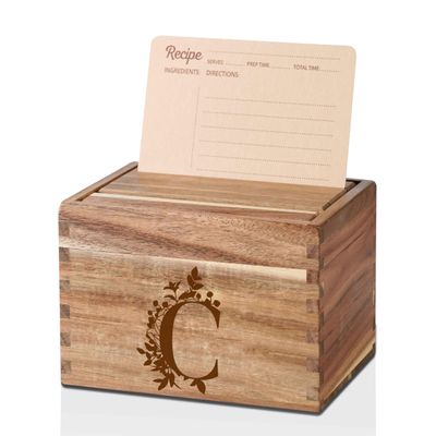 InnoBeta Personalized Gifts Recipe Box, Personalized Initial Recipe Card Holder Box with 50 4 x 6 inch Recipe Cards, 10 Dividers, Initial Recipe Organize - C