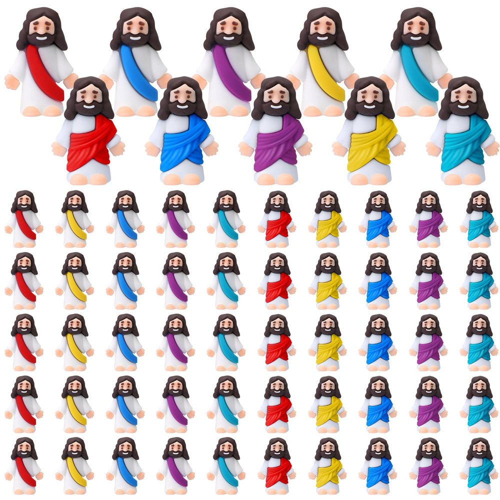 Bememo 50 Pcs Little Jesus Figures Jesus Toys Figurines to Hide and Seek Religious Party Favors for Church Sunday School Easter Egg Stuffers(Dazzling Colors)