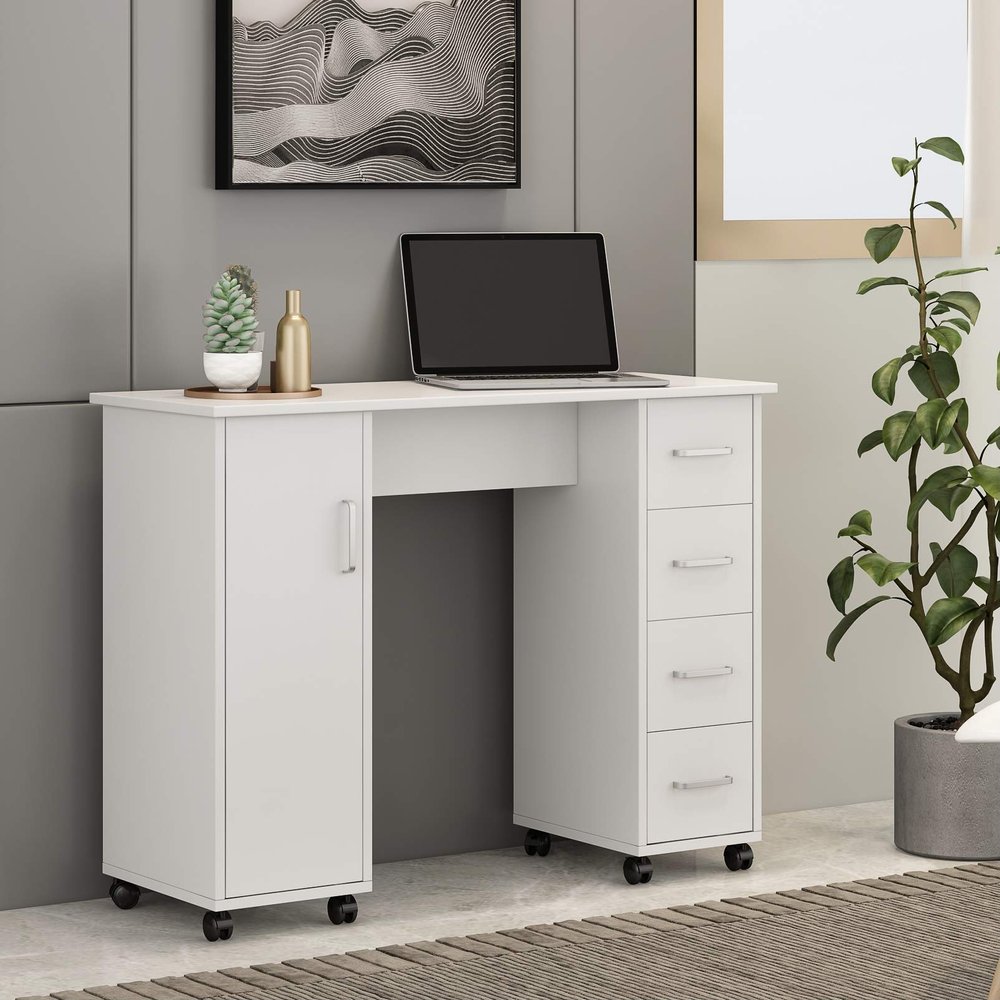 Beauty Table Consoles Table with 4 Drawers & 1 Cabinet,Rolling Manicure Table Nail Desk Workstation,Vanity Desk Computer Table Study Writing Desk for Office Living Room (White) (White)