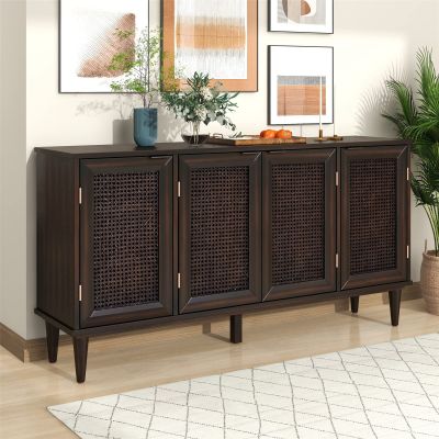 Modern Large Storage Space Sideboard with Artificial Rattan Door and Unobtrusive Doorknob for Dining Room, Kitchen, Living Room (White) (Espresso)