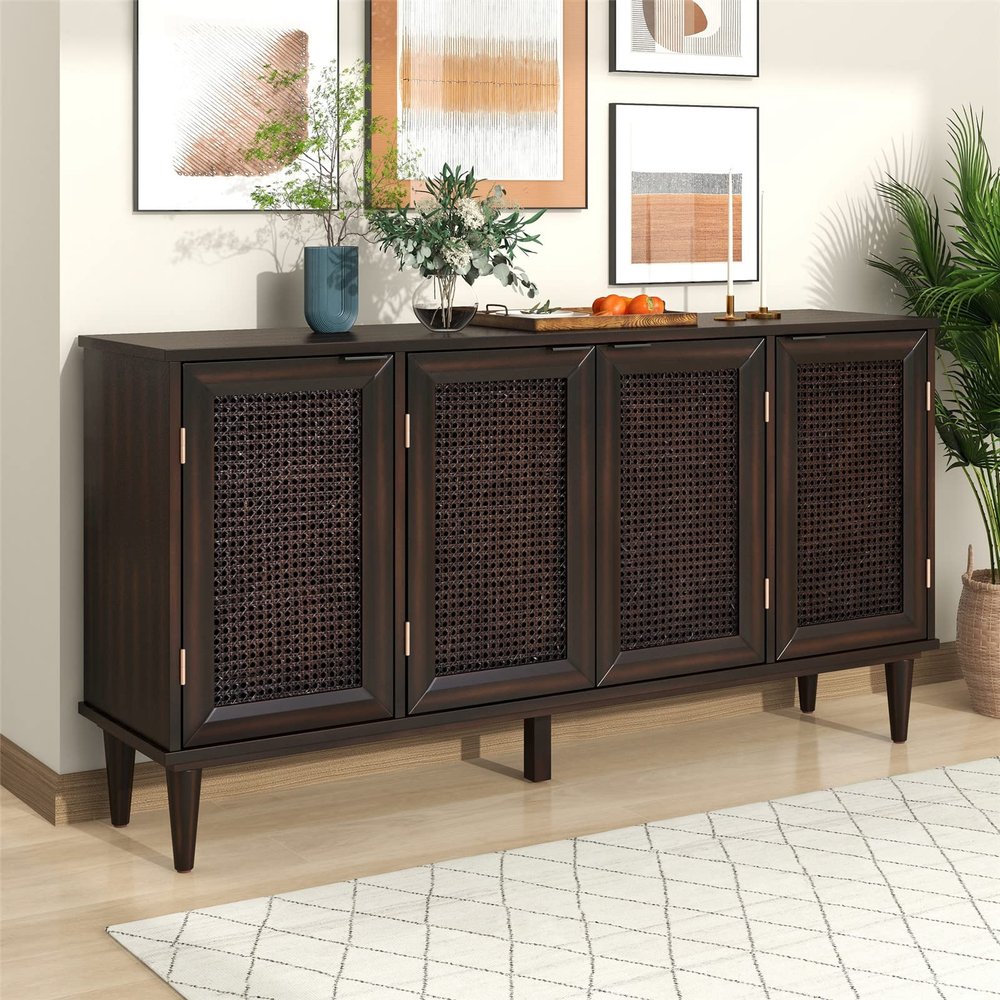 Modern Large Storage Space Sideboard with Artificial Rattan Door and Unobtrusive Doorknob for Dining Room, Kitchen, Living Room (White) (Espresso)