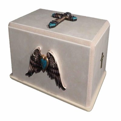 Genuine Handmade Decorative Cremation Urn with Cross and Wings by Renowned Artist Lyle Bernett
