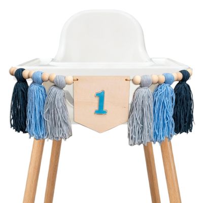 QIANGDAGSI Sea Blue High Chair Banner First Birthday - Blue Tassel Highchair Banner 1st Birthday for Party, Anniversary, Cake Smash