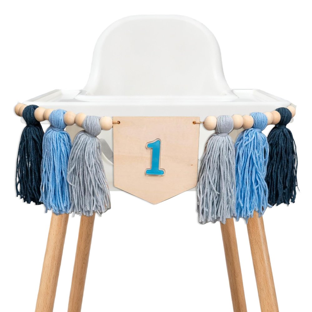 QIANGDAGSI Sea Blue High Chair Banner First Birthday - Blue Tassel Highchair Banner 1st Birthday for Party, Anniversary, Cake Smash
