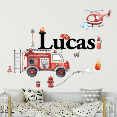 Carton Fire Truck and Helicopter Wall Decals Vinyl Wall Stickers for Kids Boys Girls Bedroom Daycare Classroom Playroom and Kids Room.Names can be Customized