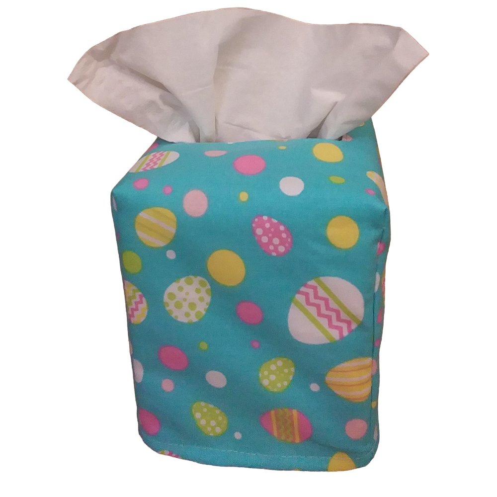 Tissue Box Cover, Square, Multi-Color Easter Eggs And Dots On Blue Fabric Square Tissue Box Cover, Easter Decor