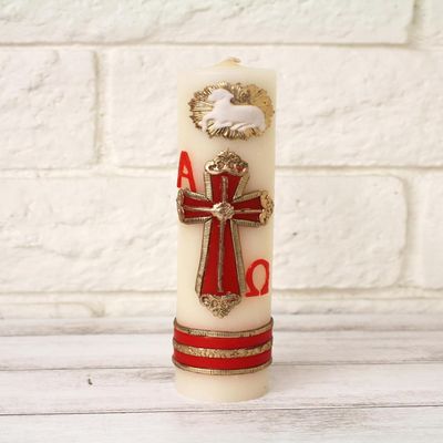 Beautiful Red with Gold Cross Confirmation Unique Paschal Gold-Tone Candle Alpha Omega Cross Sheep Baptism Easter Lent Batuizo Devotional Cirio
