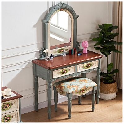 Makeup Table Set for Girls/Women, Dressing Table with Arched Mirror and Upholstered Stool, Vanity Desk with 2 Drawers (Color : Gray, Size : 80x45x165cm)