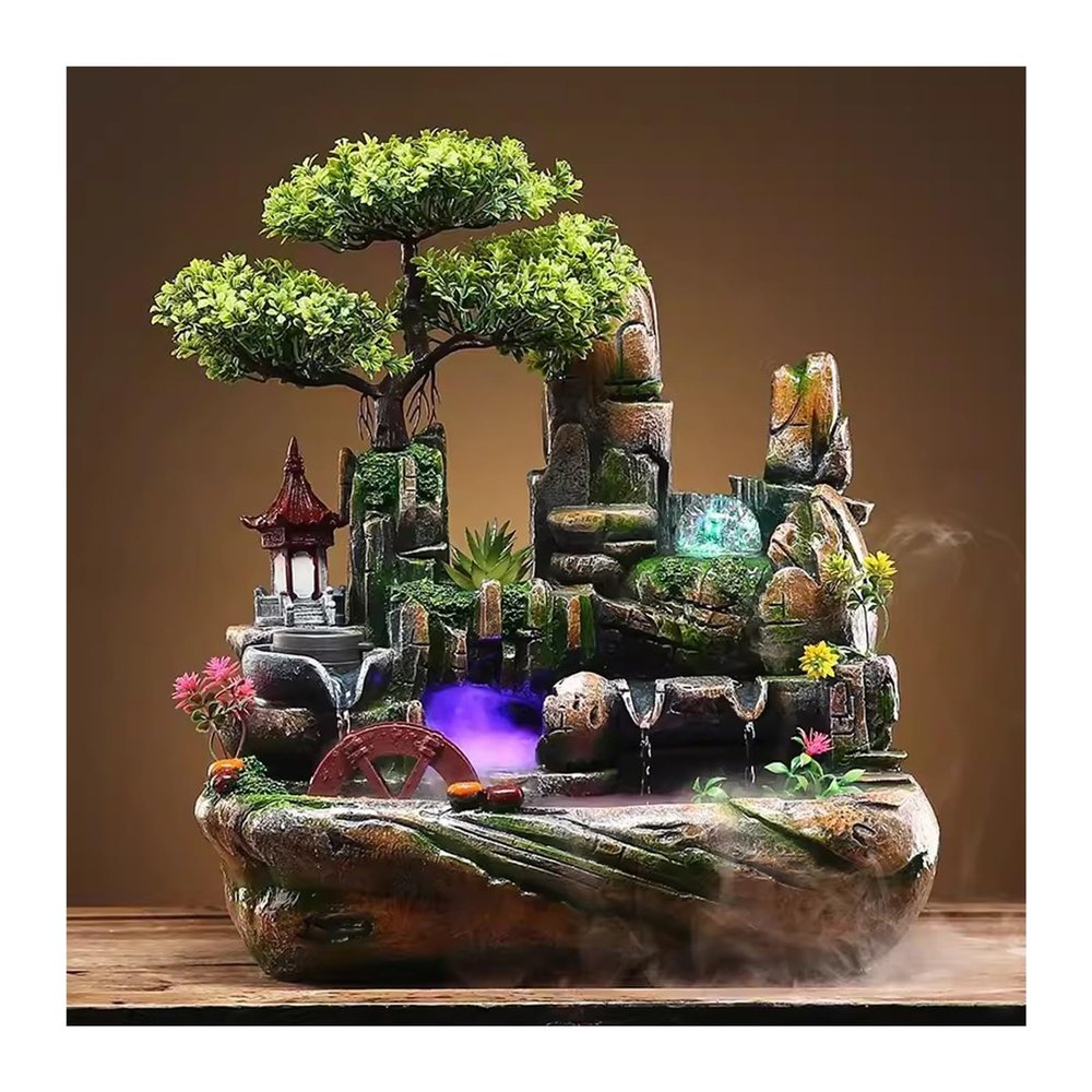 WAOCEO Meditation Decor, Atomized Bonsai Rockery, Flowing Water Fountain Tabletop Small Ornaments, Crystal Ball Gifts, Ceramic Landscape Ornaments,Feng Shui Office Home Decor for Good Luck Wealth