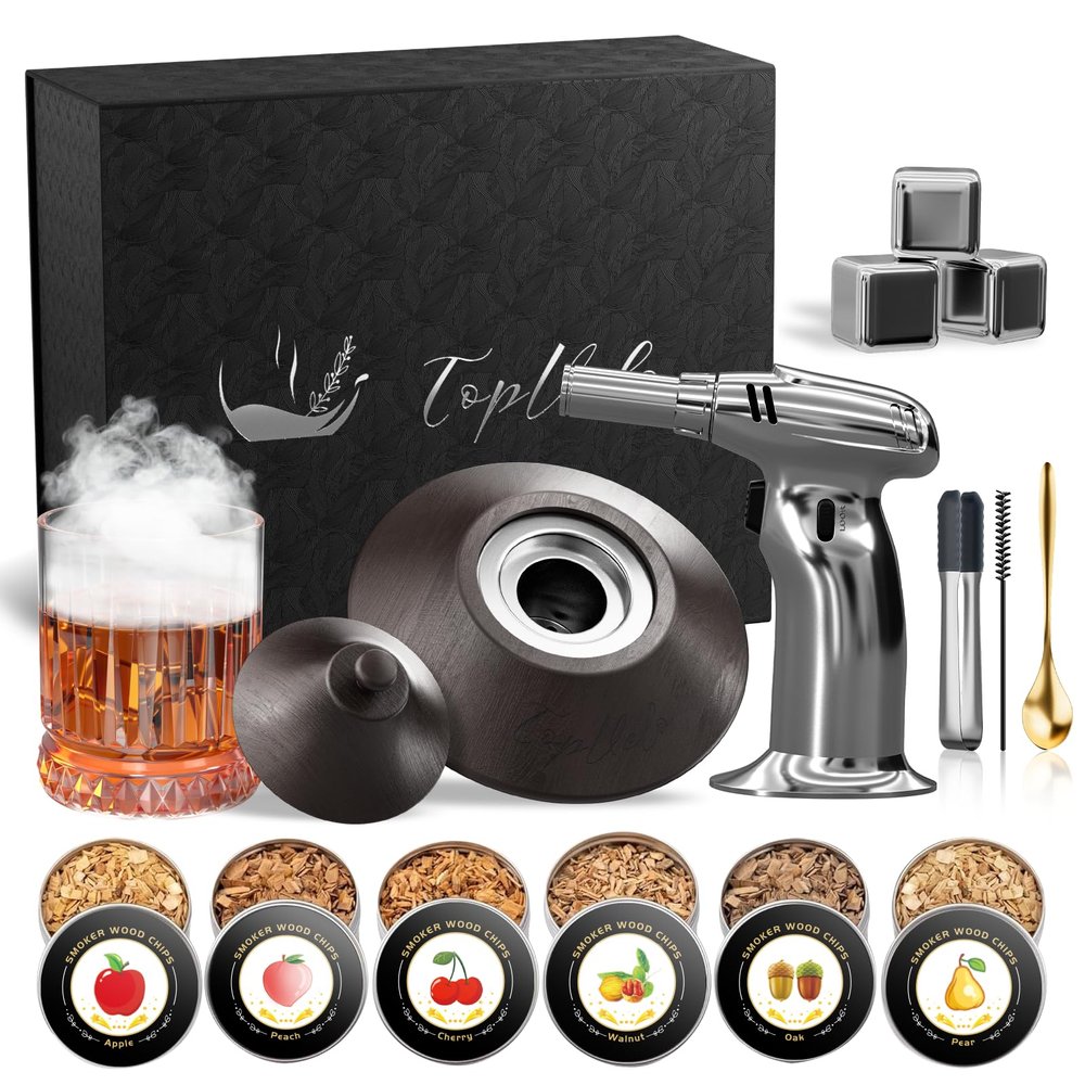 Cocktail Smoker Kit with Torch and Whiskey Glass, 6 Flavors Wood Chips and 3 Whisky Stones for Whiskey & Bourbon, Gift for Husband, Birthday Gift (No Butane)