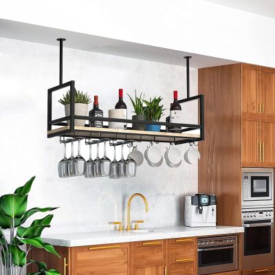 Yopappol Floating Shelves Wall Mounted, Ceiling Kitchen Bar Storage Rack with Upside Down Wine Glass Holder, Hanging Shelving for Bar Cafe Kitchen, Plant/Flower Pot Display Stand (Size : 100x30x60cm)