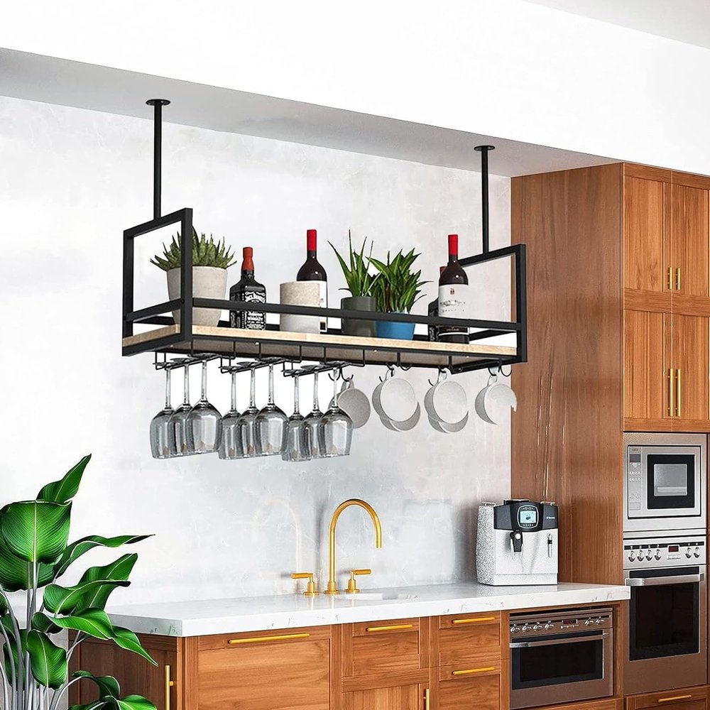 Yopappol Floating Shelves Wall Mounted, Ceiling Kitchen Bar Storage Rack with Upside Down Wine Glass Holder, Hanging Shelving for Bar Cafe Kitchen, Plant/Flower Pot Display Stand (Size : 100x30x60cm)