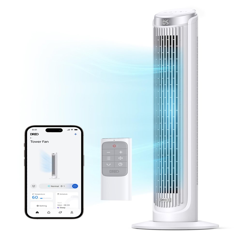 Dreo Smart Tower Fan for Bedroom, Standing Fans for Indoors, 90 Oscillating, 26ft/s Velocity Quiet Floor Fan with Remote, 12H Timer, Voice Control Fans for Indoors, Compatible with Alexa