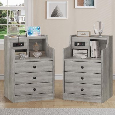 Tiptiper Nightstand Set 2, Grey Night Stands with Hutch and Charging Station, Nightstand with 3 Drawers for Bedrooms Set of 2, Modern Bedside Table End Side Table