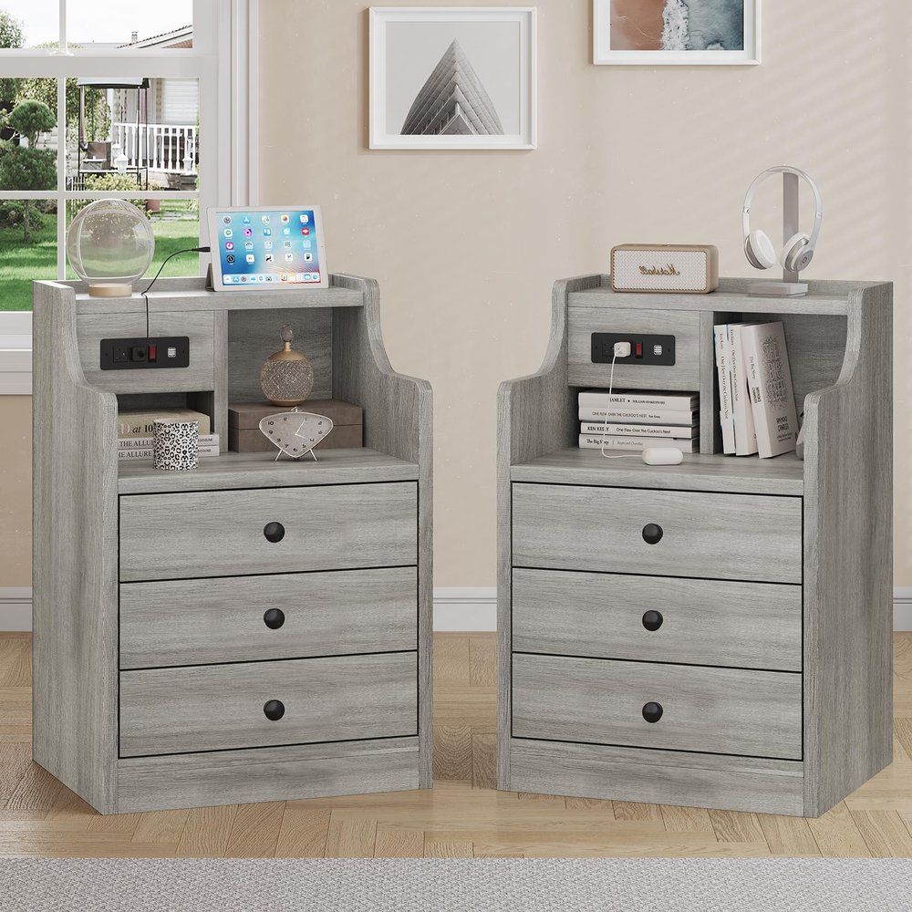 Tiptiper Nightstand Set 2, Grey Night Stands with Hutch and Charging Station, Nightstand with 3 Drawers for Bedrooms Set of 2, Modern Bedside Table End Side Table