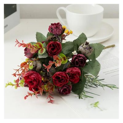 KanaAt Decoration 21 Heads Diamond Artificial Rose Silks Red Fake Dried Flowers Rose Wedding Bride Table Peony Bouquet DIY Party Home Props Decor Artificial Flower (Color : 4)