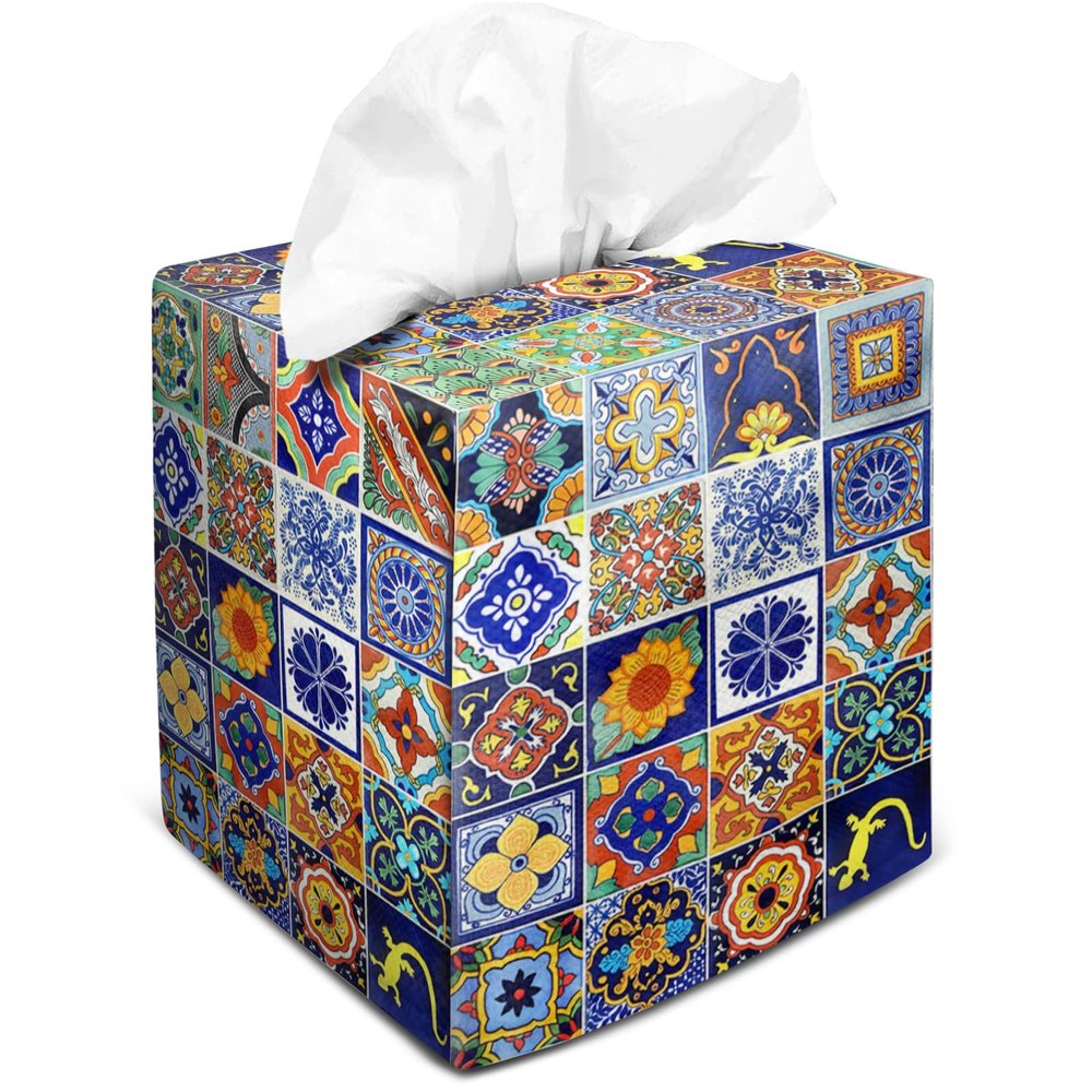 Tissue Box Cover Square Velvet Decorative Tissue Box Holder Cute Funny Cube Tissue Case Cover-Mexican Talavera Tiles Tissue Box Cover