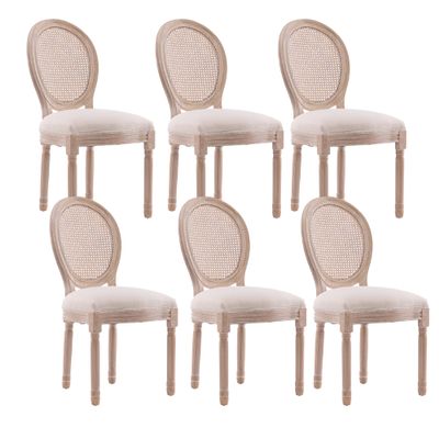 Rhomtree Farmhouse Dining Chairs, Retro Upholstered Antique Painting Linen Kitchen Chairs, Armless Rattan Dining Room Chairs, Accent Chair with Round Back/Natural Wood Frame(Cream Set of 6)