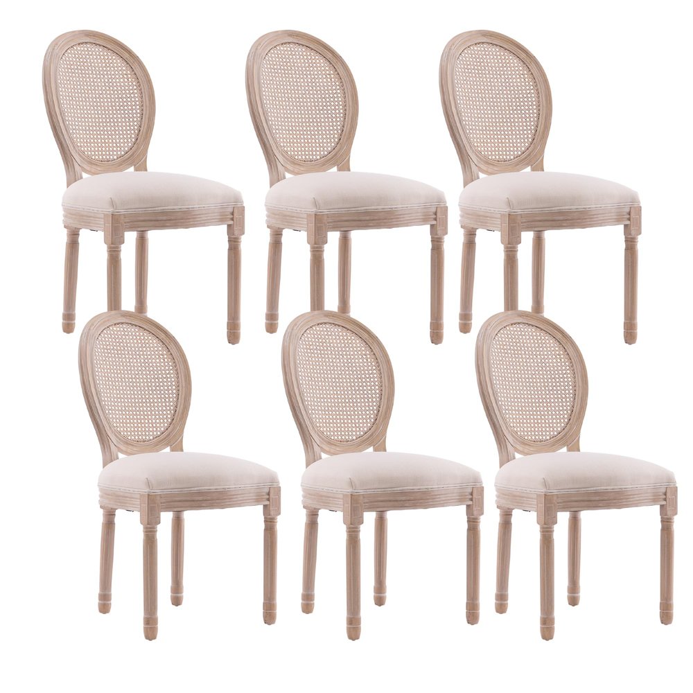 Rhomtree Farmhouse Dining Chairs, Retro Upholstered Antique Painting Linen Kitchen Chairs, Armless Rattan Dining Room Chairs, Accent Chair with Round Back/Natural Wood Frame(Cream Set of 6)
